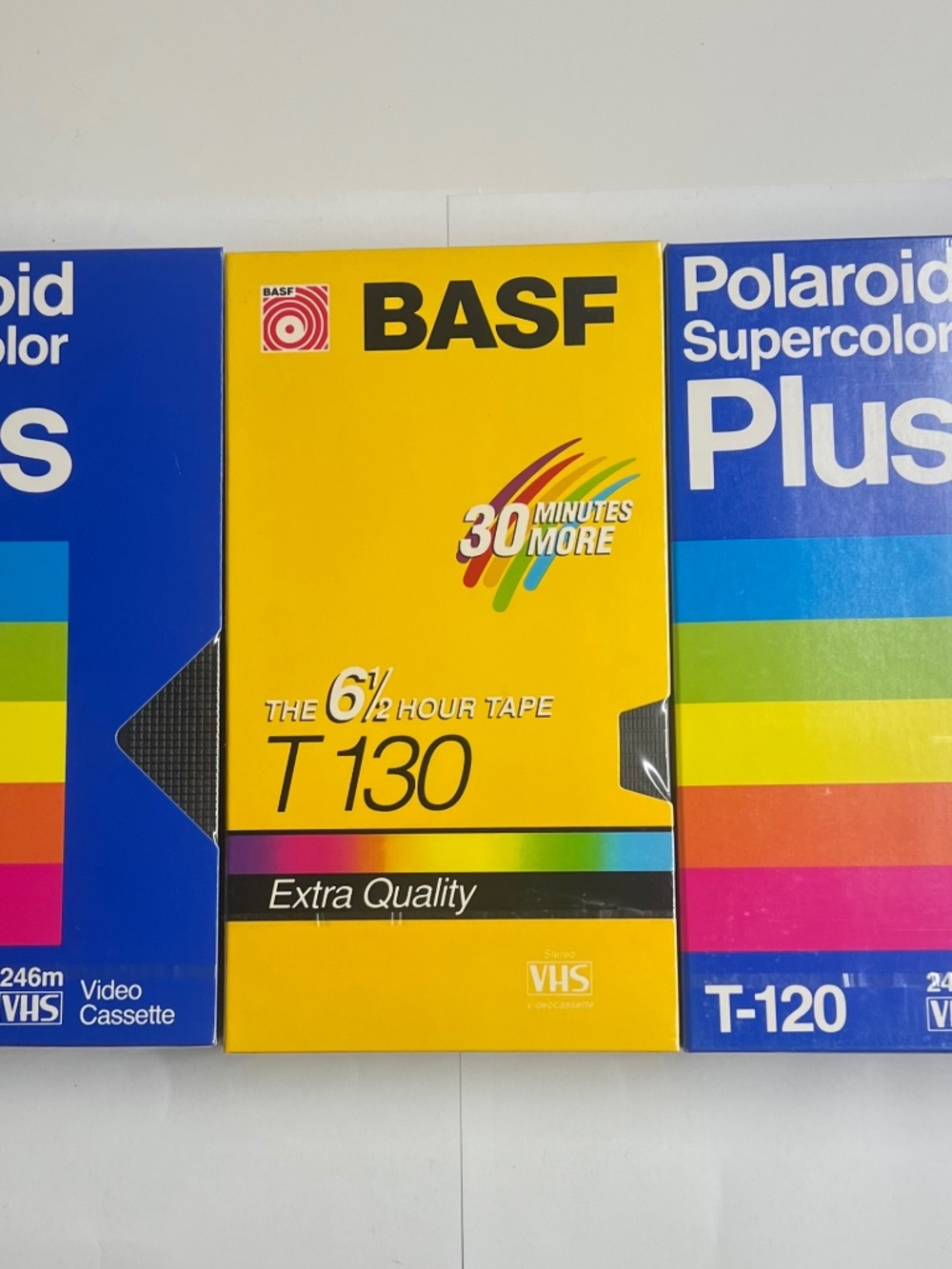 Lot of 3 Sealed Blank VHS Tapes: 2x Polaroid Supercolor T120 & 1x BASF T130